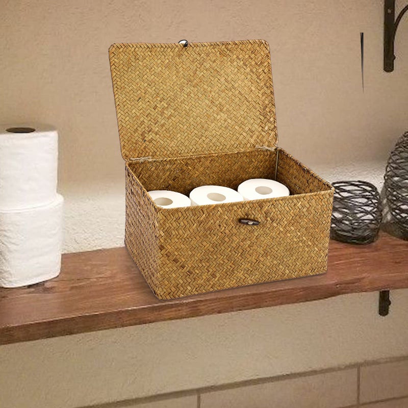 Hipiwe Wicker Shelf Baskets Bin with Lid, Handwoven Seagrass Basket Storage Bins Rectangular Household Basket Boxes for Shelf Wardrobe Home Organizer, Caramel Large - Image 2