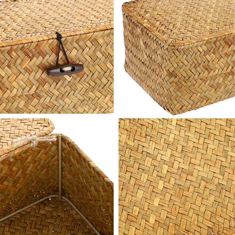 Hipiwe Wicker Shelf Baskets Bin with Lid, Handwoven Seagrass Basket Storage Bins Rectangular Household Basket Boxes for Shelf Wardrobe Home Organizer, Caramel Large - Image 3