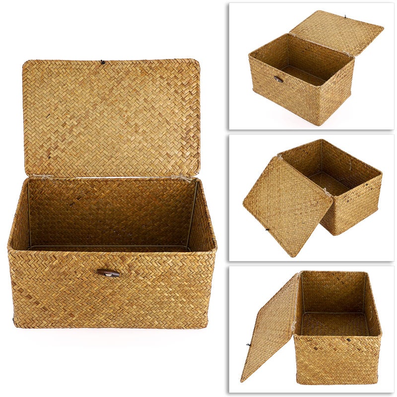 Hipiwe Wicker Shelf Baskets Bin with Lid, Handwoven Seagrass Basket Storage Bins Rectangular Household Basket Boxes for Shelf Wardrobe Home Organizer, Caramel Large - Image 5