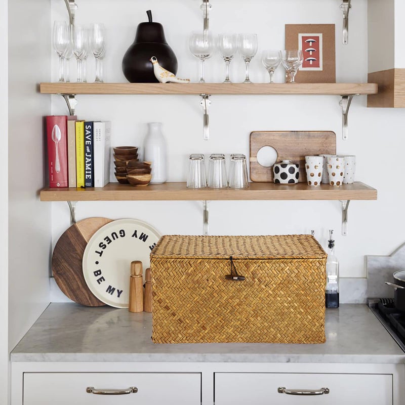Hipiwe Wicker Shelf Baskets Bin with Lid, Handwoven Seagrass Basket Storage Bins Rectangular Household Basket Boxes for Shelf Wardrobe Home Organizer, Caramel Large - Image 4