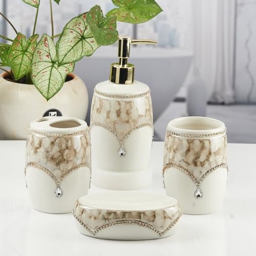 Kookee Ceramic Bathroom Set – Stylish 4 Piece Bath Accessories Kit with Soap Dispenser, Toothbrush Holder, Tumbler & Soap Dish – Modern & Designer Decor for Home & Guest Bathrooms (11122) - Image 4