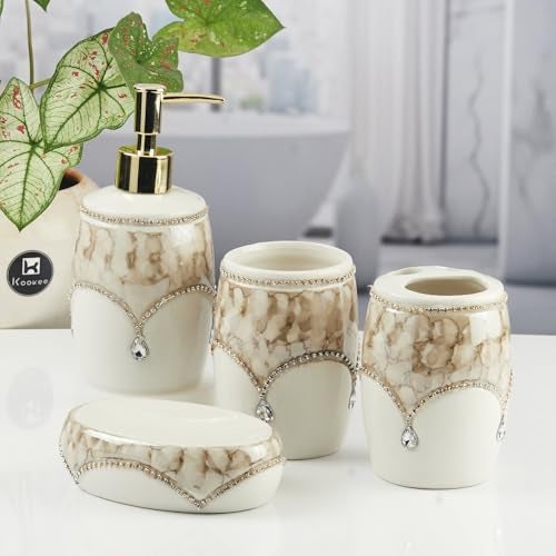 Kookee Ceramic Bathroom Set – Stylish 4 Piece Bath Accessories Kit with Soap Dispenser, Toothbrush Holder, Tumbler & Soap Dish – Modern & Designer Decor for Home & Guest Bathrooms (11122) - Image 1