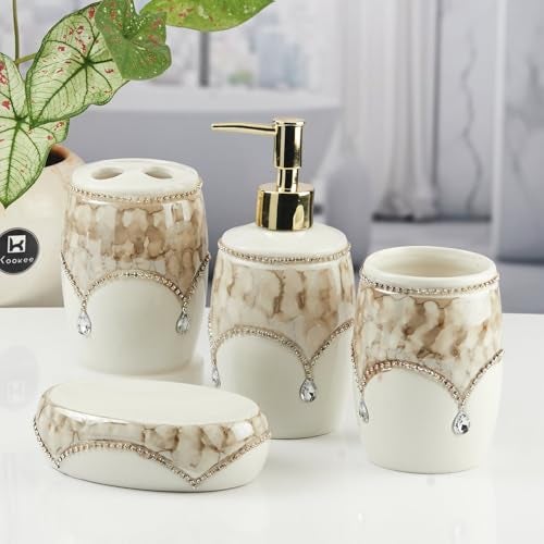 Kookee Ceramic Bathroom Set – Stylish 4 Piece Bath Accessories Kit with Soap Dispenser, Toothbrush Holder, Tumbler & Soap Dish – Modern & Designer Decor for Home & Guest Bathrooms (11122) - Image 2