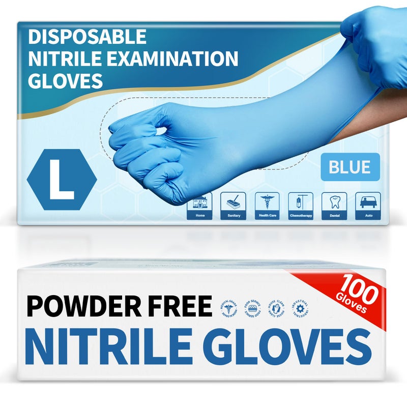 Medguy Powder-Free Nitrile Exam Gloves, 4.5 Mil, 100 Pcs Blue Disposable Latex-Free Food-Safe Medical Cleaning Cooking Gloves (Large) - Image 1