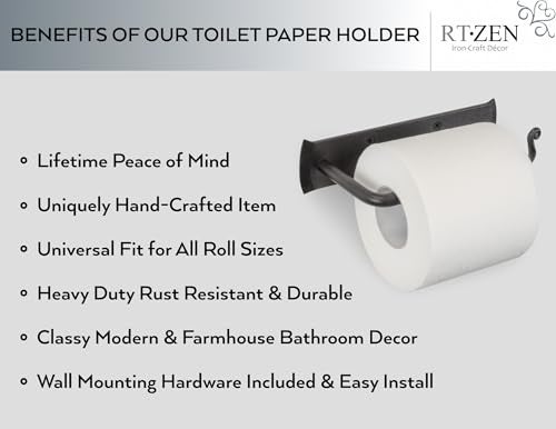 RTZEN Bathroom Toilet Paper Holder - Handcrafted Rustic Wrought Iron Wall Decor Toilet Roll Holder - Black Matte Wall Mount Bar for Modern Farmhouse Bathroom Decor - Image 2