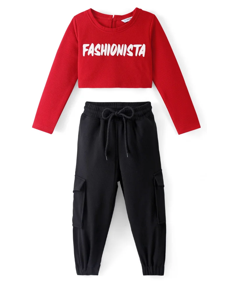 Ollington St. Ollington St. Knitted Full Sleeves Top and Joggers Set Text Print - Red and Black