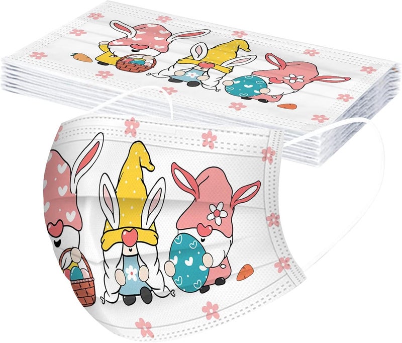 woobles Easter Disposable Face Masks for Adults Women,50Pc Rabbit Printed Designs Paper Face Mask 3 Ply Protection Breathable 17 - Image 3