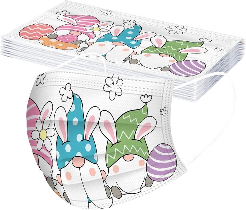 woobles Easter Disposable Face Masks for Adults Women,50Pc Rabbit Printed Designs Paper Face Mask 3 Ply Protection Breathable 17 - Image 4