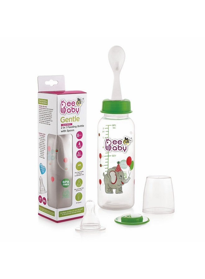 BeeBaby Gentle 2 in 1 Slim Neck Baby Feeding Bottle with Anti-Colic Silicone Nipple & (Plastic) Feeder Spoon, 8M+. (Green, 250 ml) - Image 1
