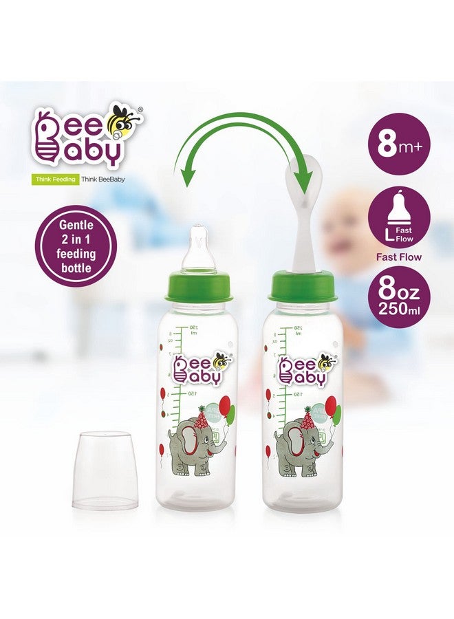 BeeBaby Gentle 2 in 1 Slim Neck Baby Feeding Bottle with Anti-Colic Silicone Nipple & (Plastic) Feeder Spoon, 8M+. (Green, 250 ml) - Image 2