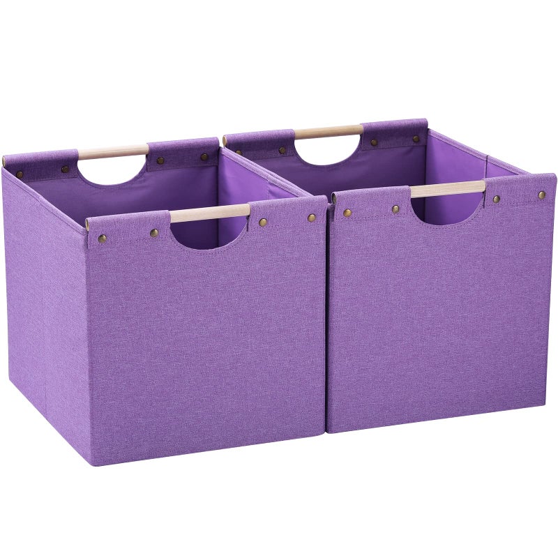 HOONEX HOONEX Large Foldable Storage Bins Linen Fabric Pack of 2 Storage Baskets with Wooden Carry Handles and Sturdy Heavy Cardboard for Home Office Car Nursery Purple