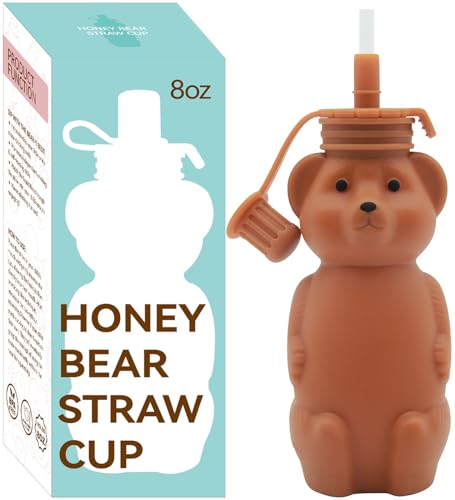 Mootikar Honey Bear Silicone Straw Cup, Babies Water Drinking Cup, 8-Ounce Therapy Sippy Bottles for Speech and Feeding Training, BPA Free & Dishwasher Safe (BROWN) - Image 1