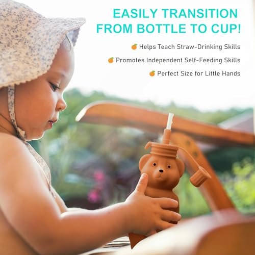 Mootikar Honey Bear Silicone Straw Cup, Babies Water Drinking Cup, 8-Ounce Therapy Sippy Bottles for Speech and Feeding Training, BPA Free & Dishwasher Safe (BROWN) - Image 2