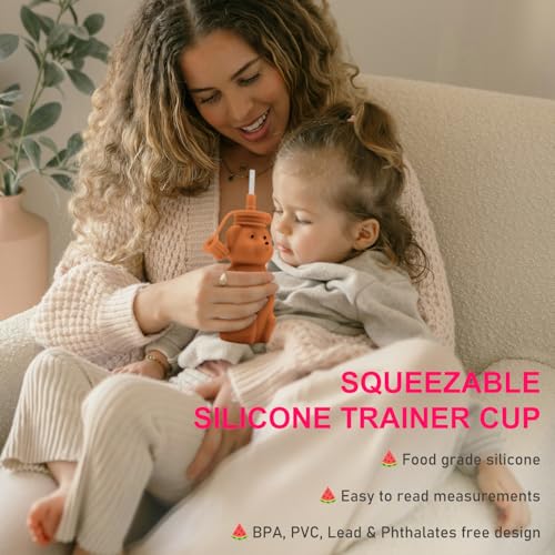 Mootikar Honey Bear Silicone Straw Cup, Babies Water Drinking Cup, 8-Ounce Therapy Sippy Bottles for Speech and Feeding Training, BPA Free & Dishwasher Safe (BROWN) - Image 3