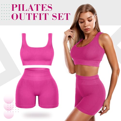 Floraltop طقم تمارين نسائي مكون من 4 قطع - طقم بيلاتس - حمالة صدر رياضية بياقة دائرية - شورتات - ليجنغز - ملابس رياضية (صغير، وردي) - Image 2