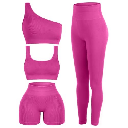 Floraltop طقم تمارين نسائي مكون من 4 قطع - طقم بيلاتس - حمالة صدر رياضية بياقة دائرية - شورتات - ليجنغز - ملابس رياضية (صغير، وردي) - Image 1
