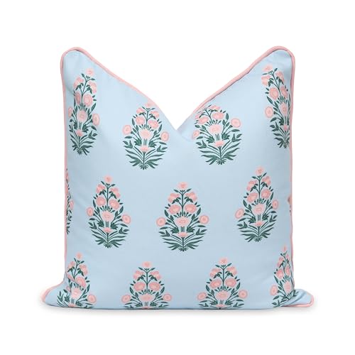 Hofdeco Premium Coastal Patio Indoor Outdoor Throw Pillow Cover Only 18x18 Water Repellent for Backyard Couch Baby Blue Blush Pink Floral with Piping - Image 1