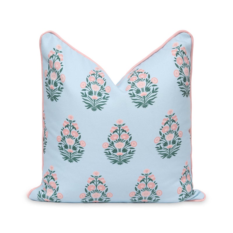 Hofdeco Premium Coastal Patio Indoor Outdoor Throw Pillow Cover Only 18x18 Water Repellent for Backyard Couch Baby Blue Blush Pink Floral with Piping - Image 2