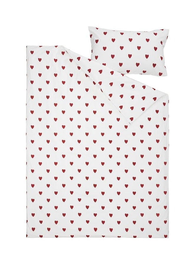 Green Tiger Duvet cover and pillowcase, heart pattern/white red, 150x200/50x80 cm - Image 2