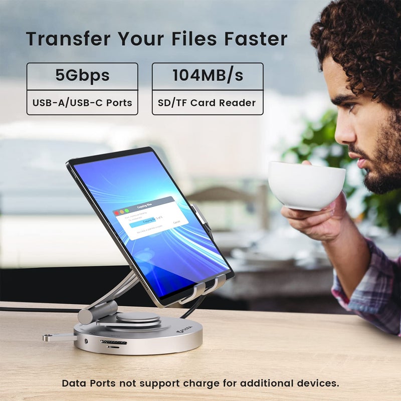 Foloda USB C Hub for Ipad Pro Docking Station, FOLODA 8-in-1 Rotatable Folding Type-C Tablet Stand with 4k HDMI, USB C 3.0 Data Port, 2*USB A 3.0, 100W PD Charging, 3.5mm Aux for Ipad Pro/Phone 15/Galaxy Tab - Image 4