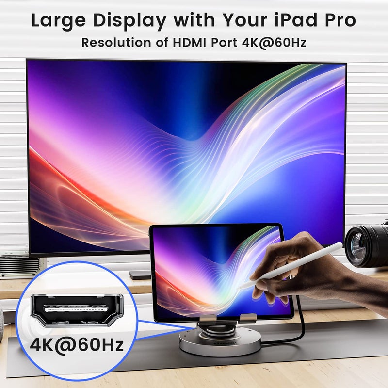 Foloda USB C Hub for Ipad Pro Docking Station, FOLODA 8-in-1 Rotatable Folding Type-C Tablet Stand with 4k HDMI, USB C 3.0 Data Port, 2*USB A 3.0, 100W PD Charging, 3.5mm Aux for Ipad Pro/Phone 15/Galaxy Tab - Image 5