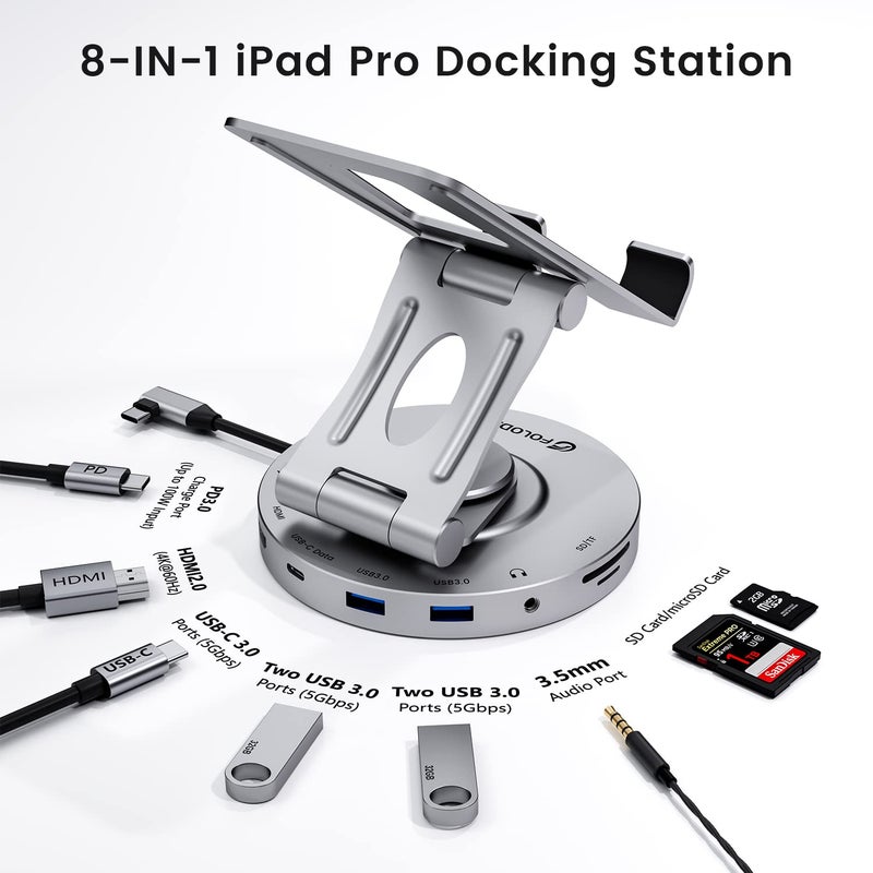 Foloda USB C Hub for Ipad Pro Docking Station, FOLODA 8-in-1 Rotatable Folding Type-C Tablet Stand with 4k HDMI, USB C 3.0 Data Port, 2*USB A 3.0, 100W PD Charging, 3.5mm Aux for Ipad Pro/Phone 15/Galaxy Tab - Image 2