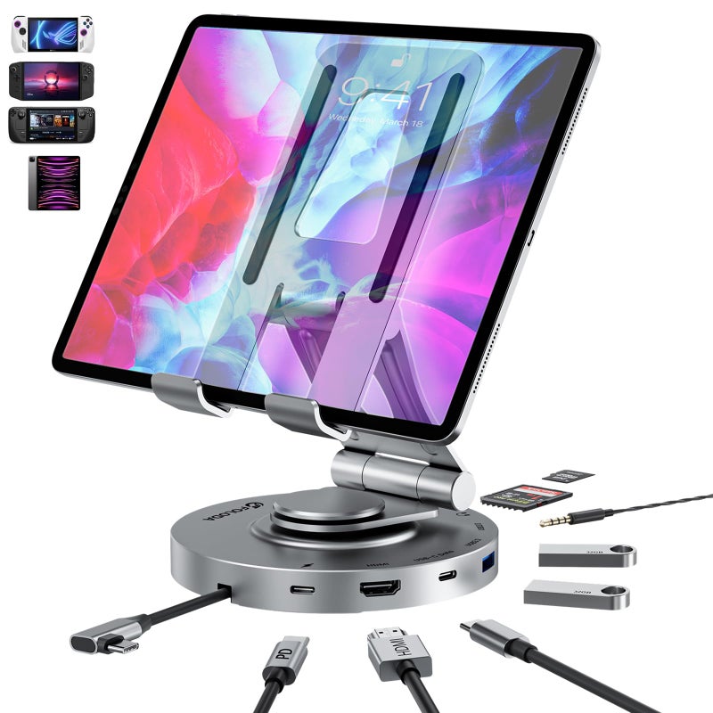 Foloda USB C Hub for Ipad Pro Docking Station, FOLODA 8-in-1 Rotatable Folding Type-C Tablet Stand with 4k HDMI, USB C 3.0 Data Port, 2*USB A 3.0, 100W PD Charging, 3.5mm Aux for Ipad Pro/Phone 15/Galaxy Tab - Image 1