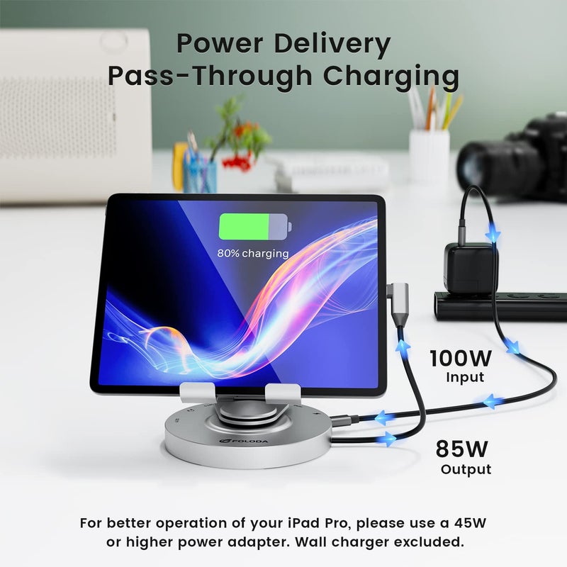 Foloda USB C Hub for Ipad Pro Docking Station, FOLODA 8-in-1 Rotatable Folding Type-C Tablet Stand with 4k HDMI, USB C 3.0 Data Port, 2*USB A 3.0, 100W PD Charging, 3.5mm Aux for Ipad Pro/Phone 15/Galaxy Tab - Image 3