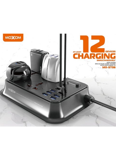 Power Strip with 4 Anti Static Sockets, 6 USB, 2 Type C Ports, 2 Meter Length, Black MX-ST06