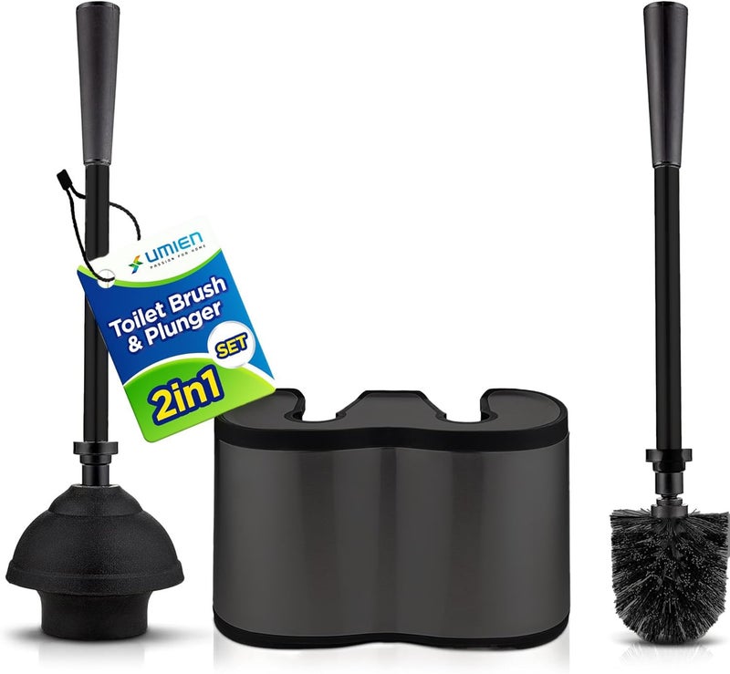 UMIEN Toilet Brush and Plunger Set 18-in - Updated 2025 No-Rust - Stainless Steel Design - Long Handles - with Freestanding Canister (Matte Black) - Image 1