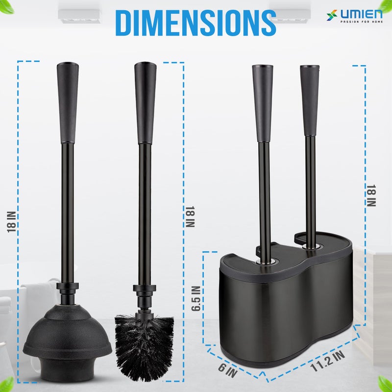 UMIEN Toilet Brush and Plunger Set 18-in - Updated 2025 No-Rust - Stainless Steel Design - Long Handles - with Freestanding Canister (Matte Black) - Image 2