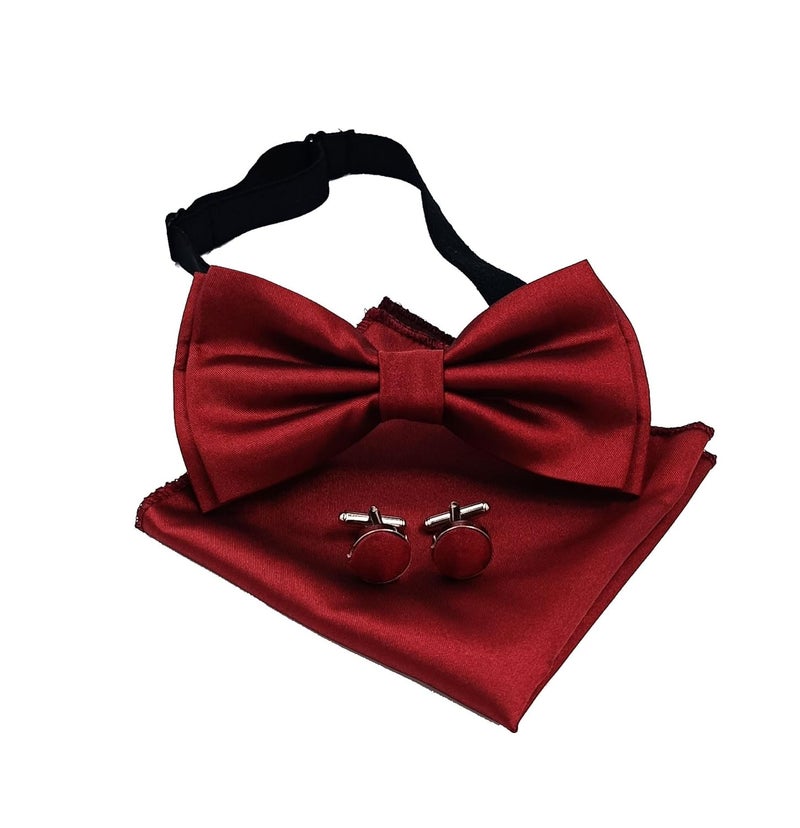 UTF Store Mens Solid Color Double Fold Pre-tied Bow Tie and Pocket Square Cufflink Set - Image 1