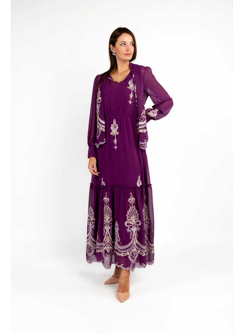 Fashonara  Embroidered Long Sleeve Purple Party Dress for Women | Best Price UAE