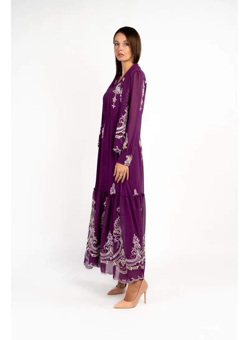 Fashonara  Embroidered Long Sleeve Purple Party Dress for Women | Best Price UAE