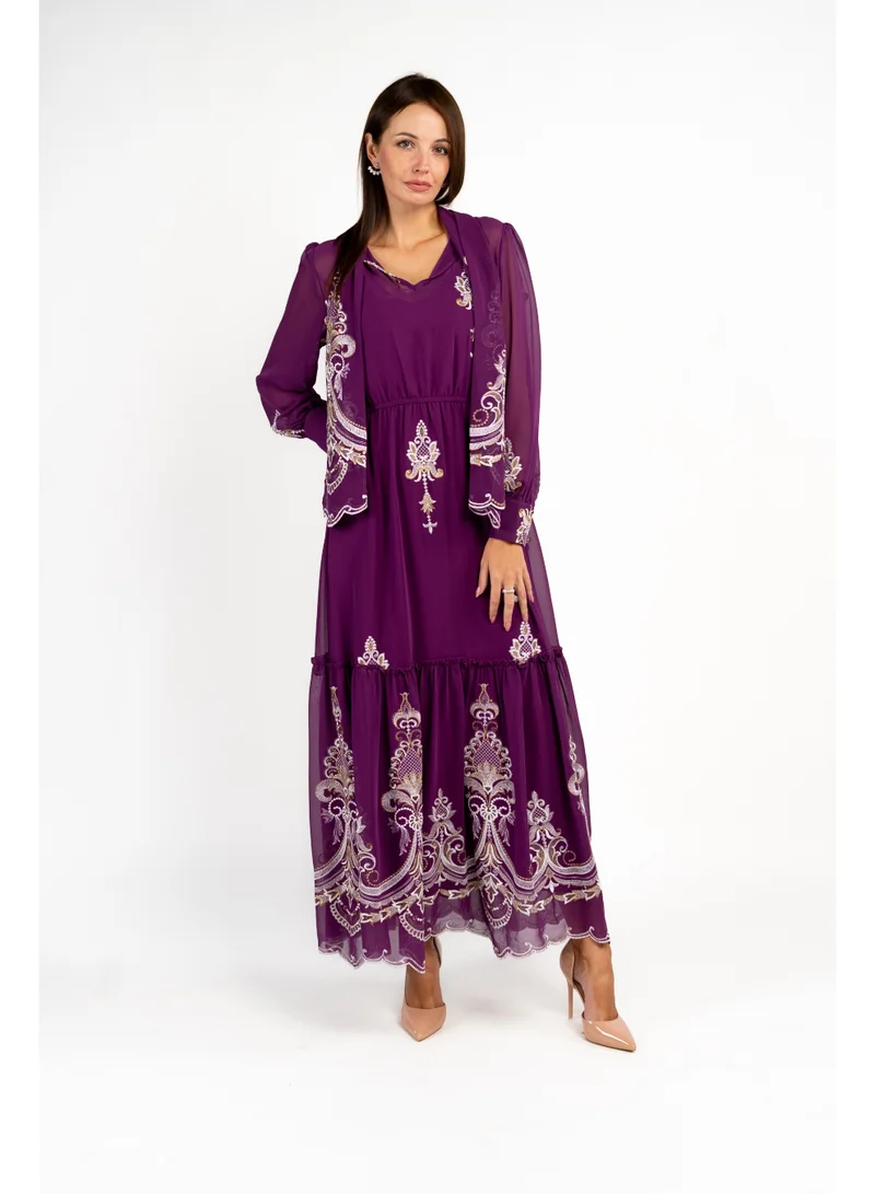 Fashonara  Embroidered Long Sleeve Purple Party Dress for Women | Best Price UAE