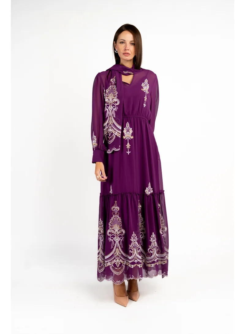 Embroidered Long Sleeve Purple Party Dress