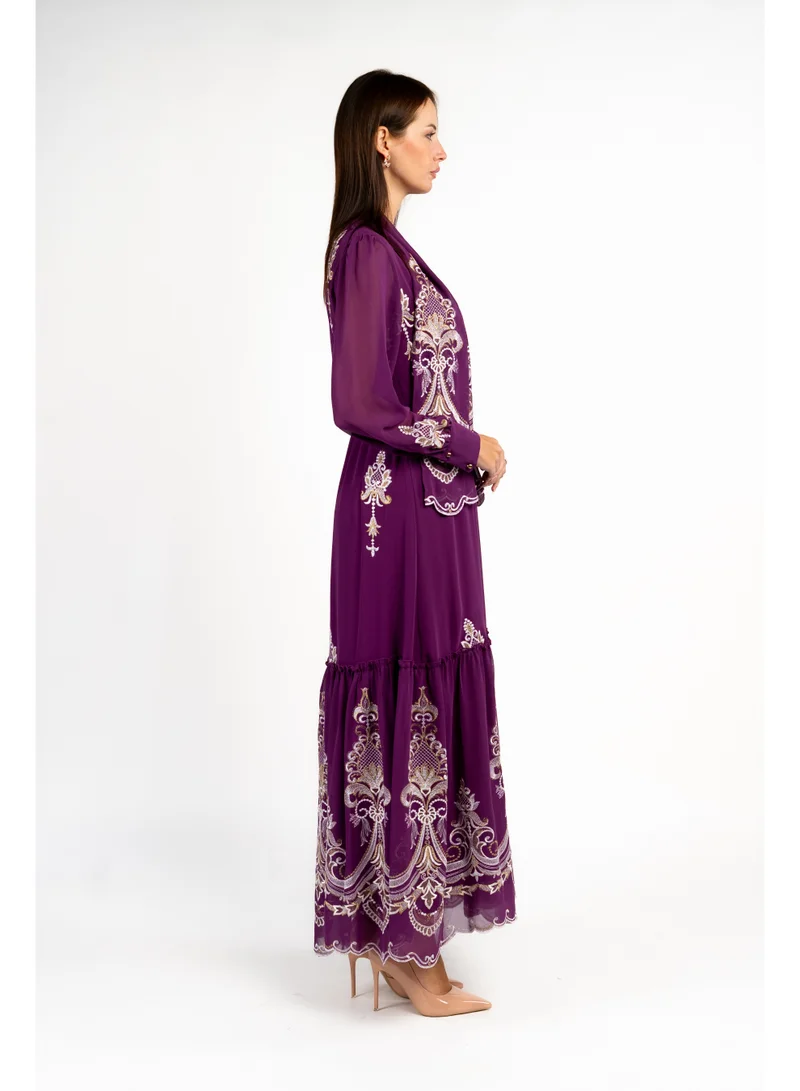 فاشونارا فستان حفلات متوسط الطول بأكمام طويلة باللون البنفسجي مطرز