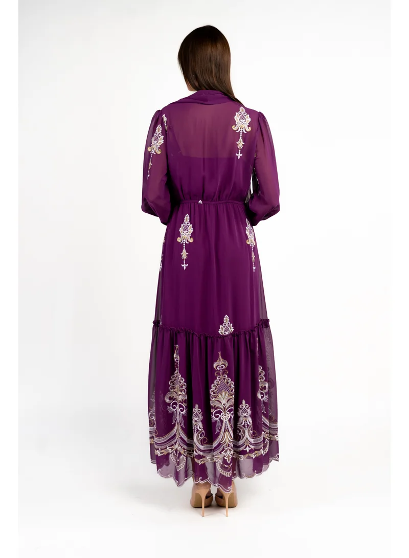 Fashonara  Embroidered Long Sleeve Purple Party Dress for Women | Best Price UAE