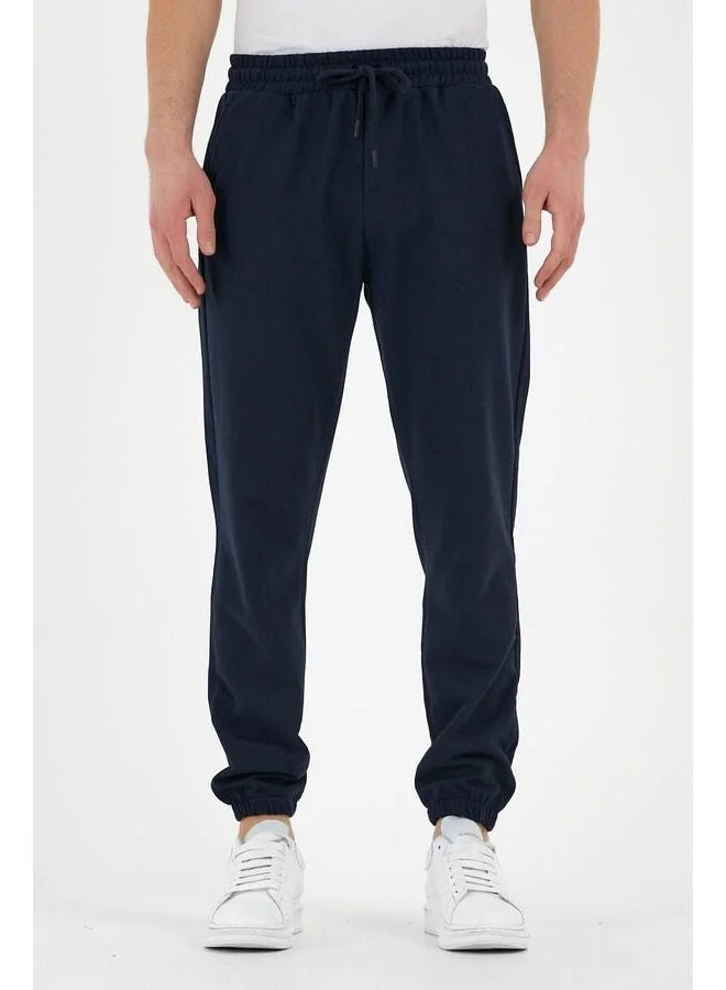 mmetalic Navy Men's Sweatpants with Label, Back and Side Pockets, Regular Fit, Elastic Cuffs
