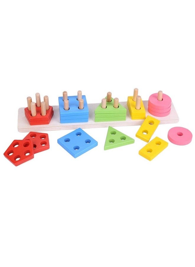E Shopping e shopping wooden geometric shape matching 5 column blocks educational & learning toys,wooden geometric shape sorter puzzle (Multi color,Pack of 21 Pcs)  - Image 1