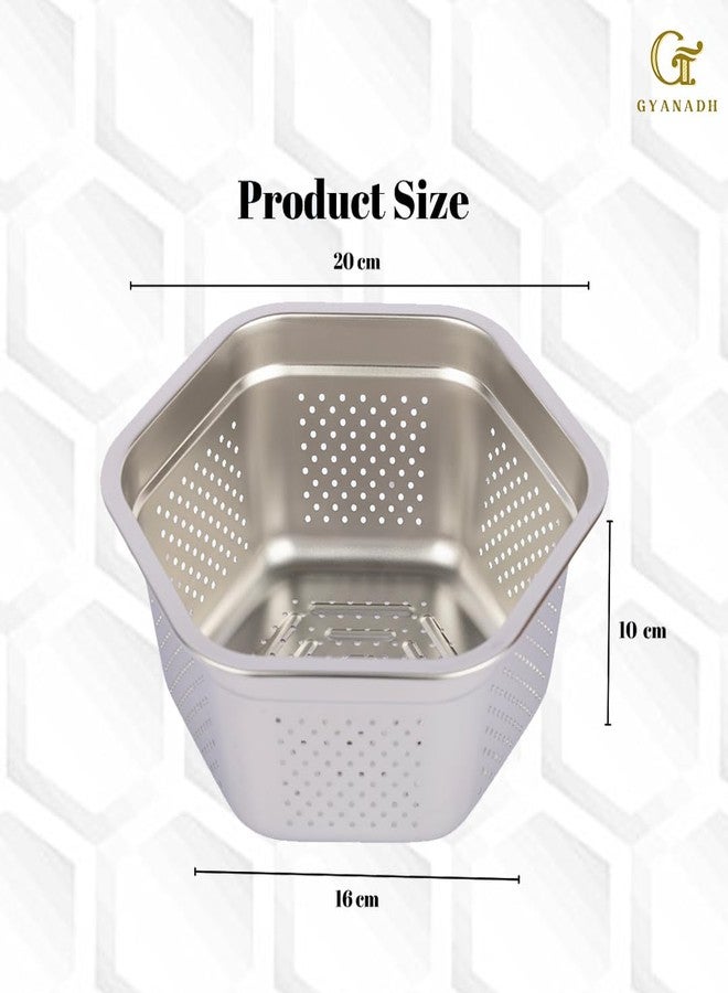 Gyanadh Hexagon Shape Kitchen Strainer Washing Stainless Steel Colander Basin Cereal Bowl Vegetables Drain Basket Household Mesh Metal Sink Storage [23.5X21.5X10 CM] - Image 2