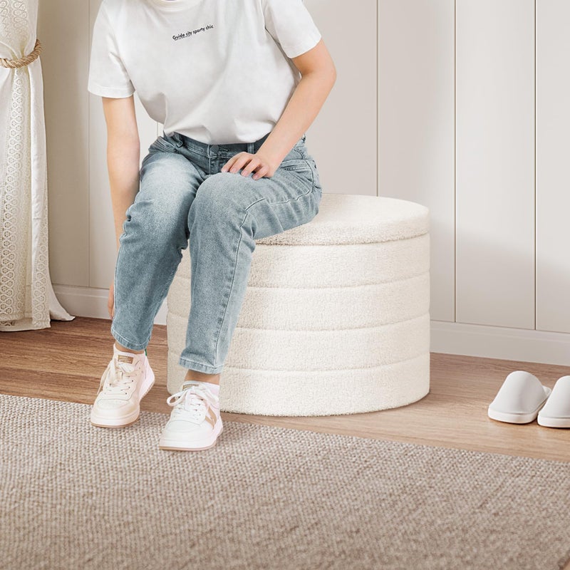 PINPLUS Round Ottoman with Stroage, Boucle Storage, Foot Stool Foldable Coffee Table Ottoman for Living Room, Bedroom, Dorm (White) - Image 5