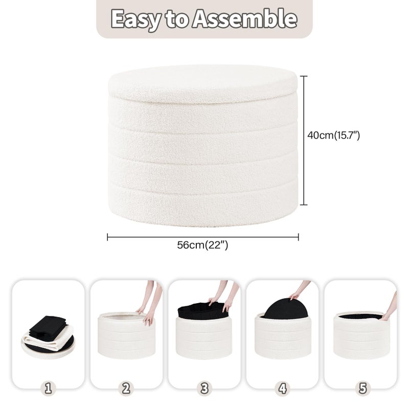 PINPLUS Round Ottoman with Stroage, Boucle Storage, Foot Stool Foldable Coffee Table Ottoman for Living Room, Bedroom, Dorm (White) - Image 2