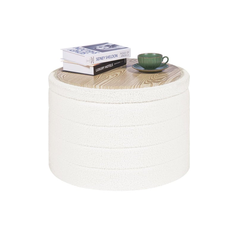 PINPLUS Round Ottoman with Stroage, Boucle Storage, Foot Stool Foldable Coffee Table Ottoman for Living Room, Bedroom, Dorm (White) - Image 1