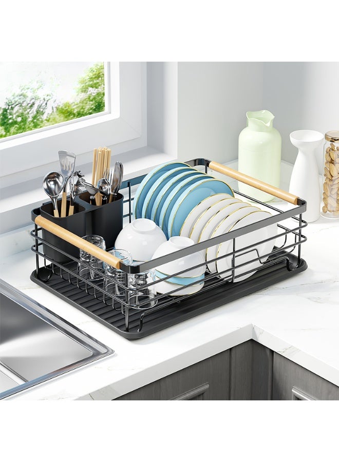 Stainless Steel Dish Drying Rack for Kitchen Counter, Large Capacity Sink Organizer with Cutlery Holder and Removable Drip Tray, Rustproof Dish Drainer for Plates, Bowls, Cups & Utensils, No Assembly Required, Easy to Clean, Black - Image 1