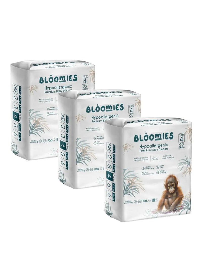 Bloomies Bloomies Premium Tape Style Baby Diapers, Hypoallergenic, 3D Leak Protection, Wetness Indicator, Super Soft, Size 4, 9 to 14kg - 66 Pieces 
