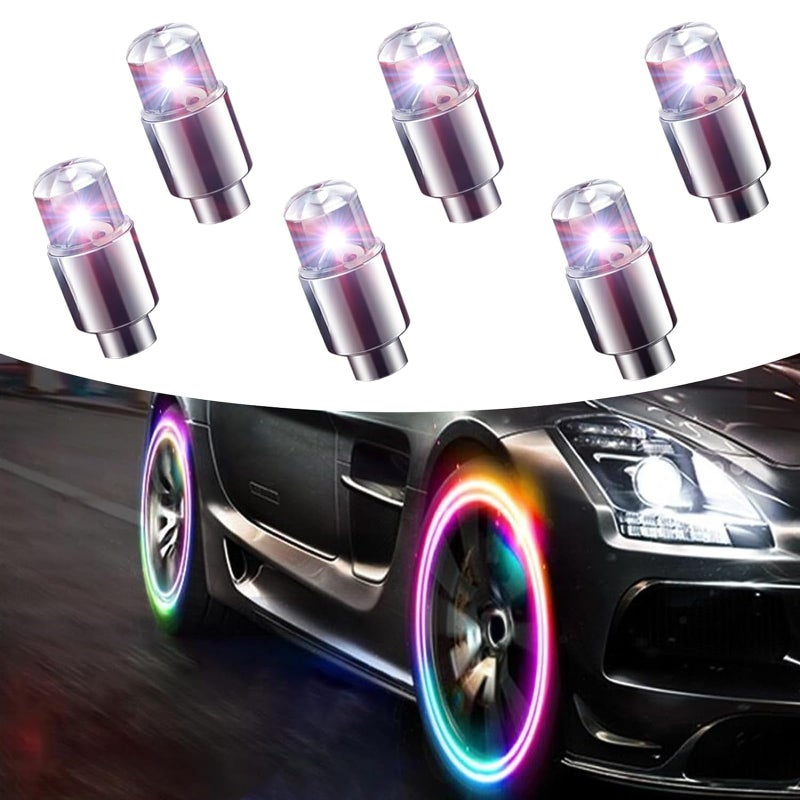 Fluher 6 PCS Car Tire Valve Light Cool Modify Night Light Safety Shock Sensor Flash Light Waterproof Tire Valve Stem LED Cap Universal Wheel Decoration Accessory for Car Motorcycle Multicolored