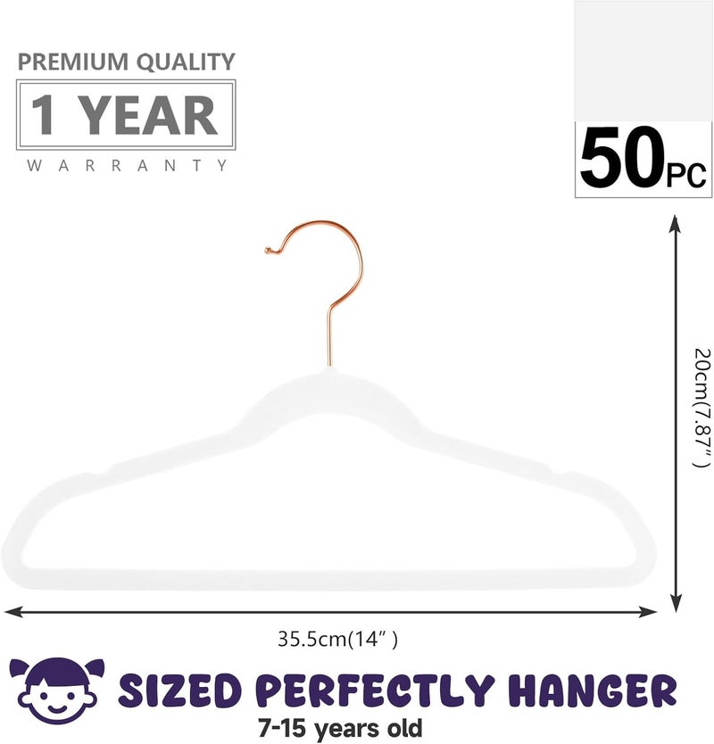 MIZGI Premium Kids Velvet Hangers (Pack of 50) 14" Wide with Copper Rose Gold Hooks, Space Saving, Nonslip Huggable Closet Hangers for Petite Junior Children's Skirt Dress Pants, Clothes Hangers - Image 2