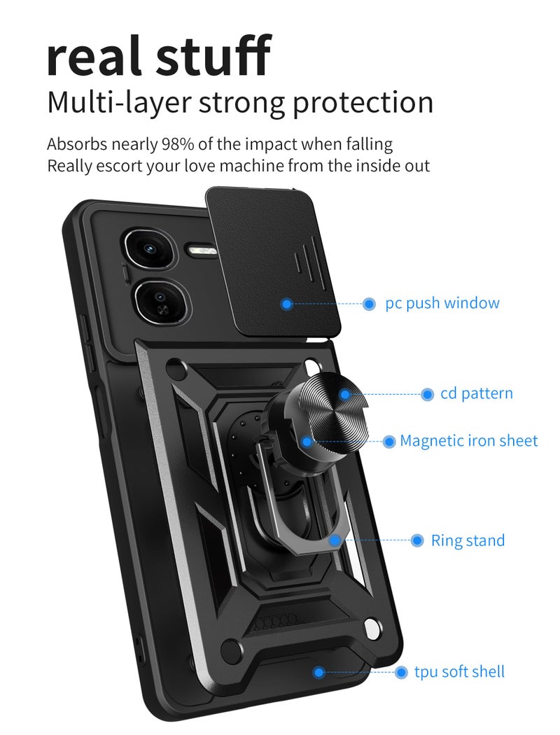SPAZY CASE® iQOO Z9s Pro 5G / Vivo T3 Pro 5G Back Cover | Heavy Duty Hybrid Case with 360 Degree Rotating Finger Ring Holder + Slider Shutter Camera Protection Case - Blue - Image 4