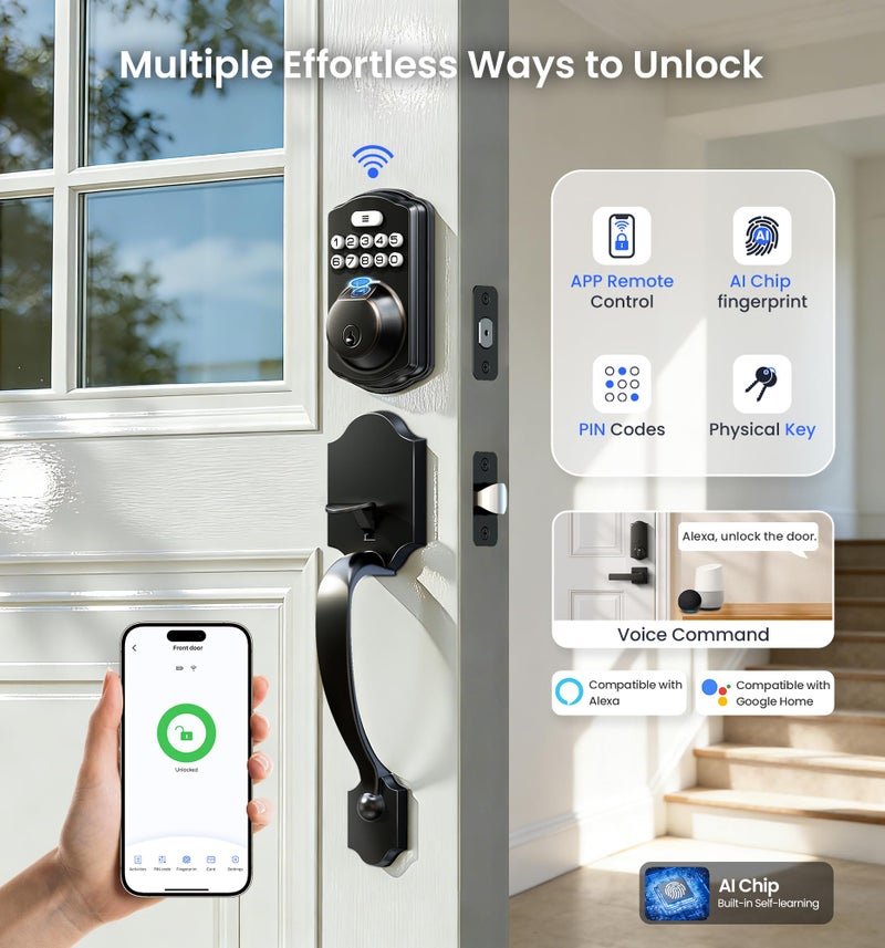Veise VE012W-H WiFi Smart Front Door Lock Set, Built-in WiFi, App Remote & Voice Control, Fingerprint Keyless Entry Smart deadbolt with Handle, Backlit Keypad, Auto Lock, IP55 Waterproof, Matte Black - Image 3